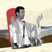 Don Andrea Santoro. Nello sfondo una immagine di Trabzon.