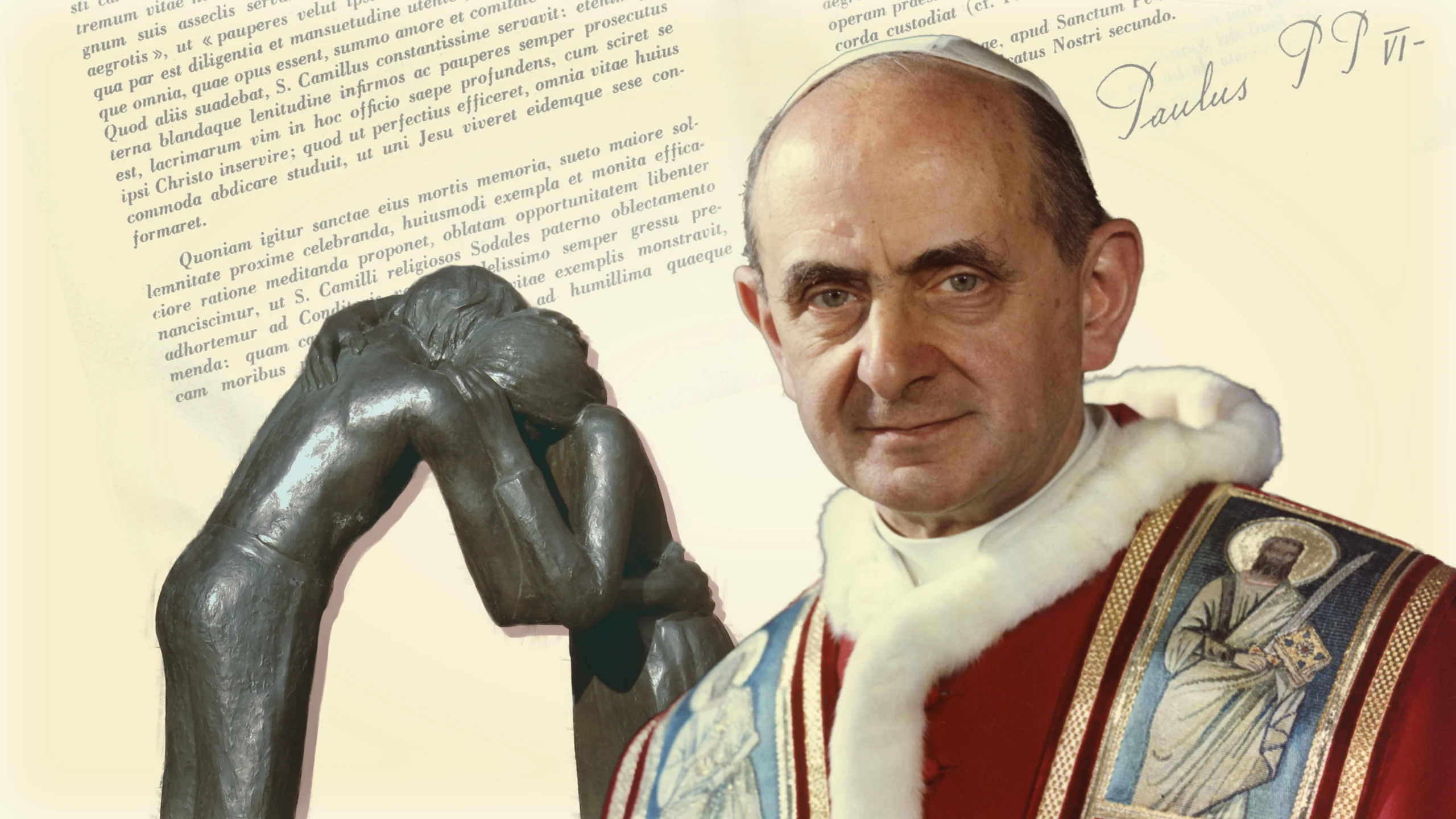Paolo VI. Sullo sfondo, scultura "riconciliazione" di Vasconcellos