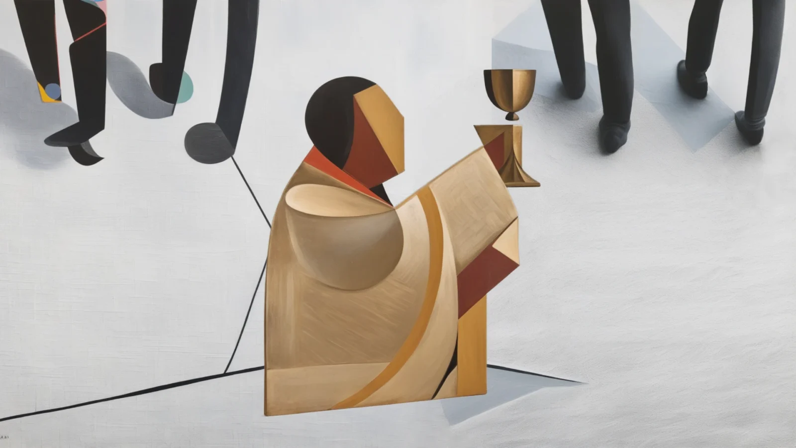 Sacerdote innalza il calice, sullo sfondo persone camminano