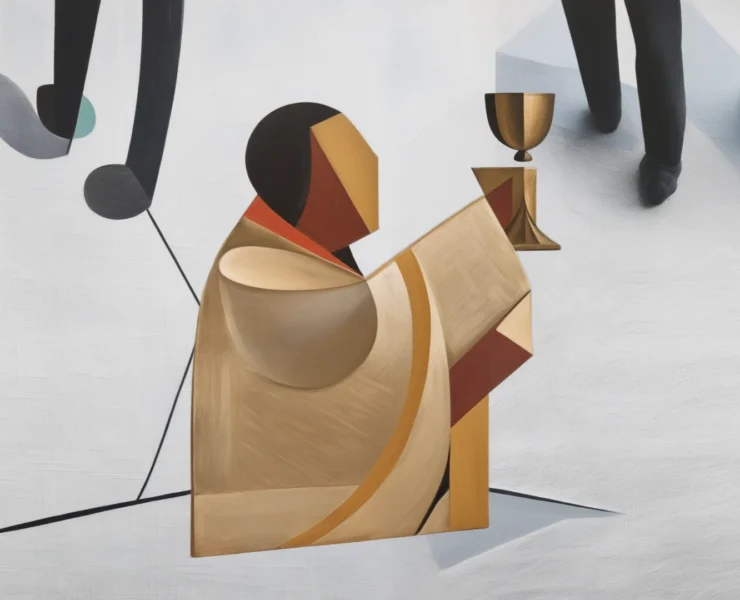 Sacerdote innalza il calice, sullo sfondo persone camminano