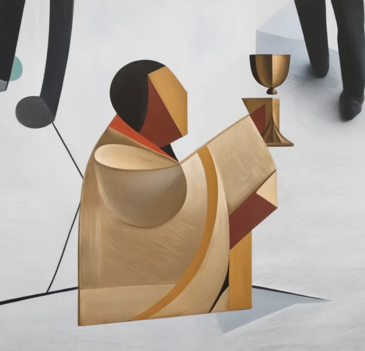 Sacerdote innalza il calice, sullo sfondo persone camminano